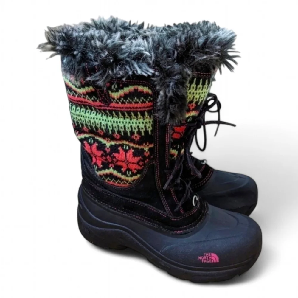 North Face Y2K Fair Isle BRAT Girls Lace Up Shellista Faux Fur Snow Boots 7